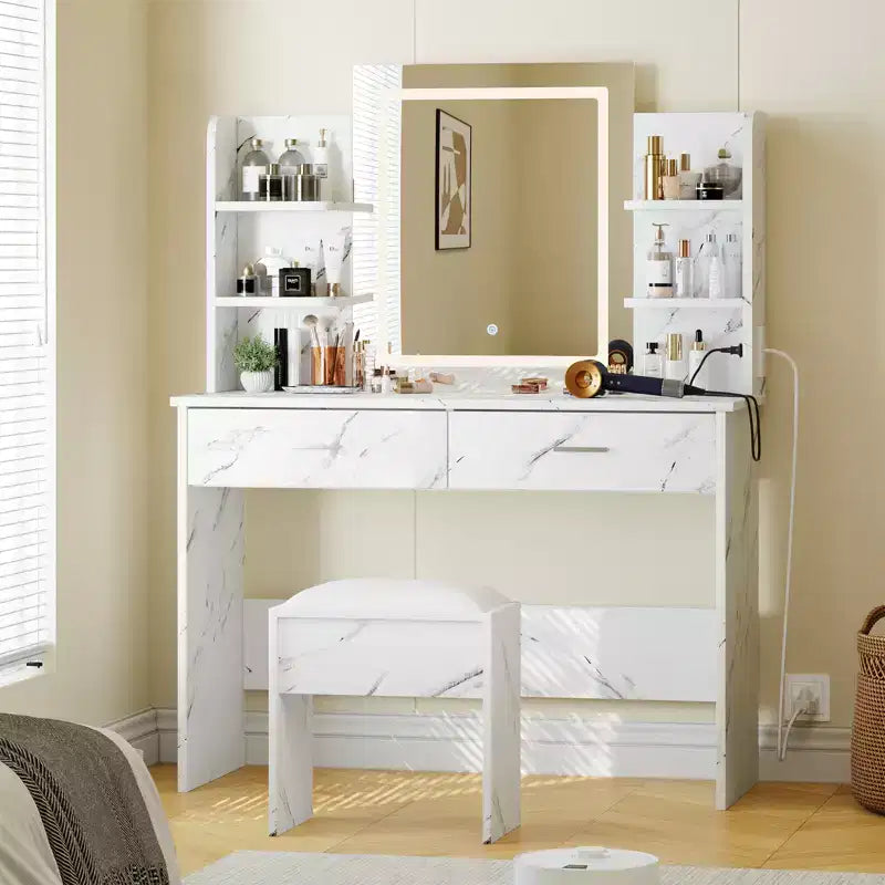 Coiffeuse CuisinSmart, 3 modes d'éclairage, avec tabouret rembourré, 2 tiroirs, étagères ouvertes, coiffeuse moderne pour chambre à coucher