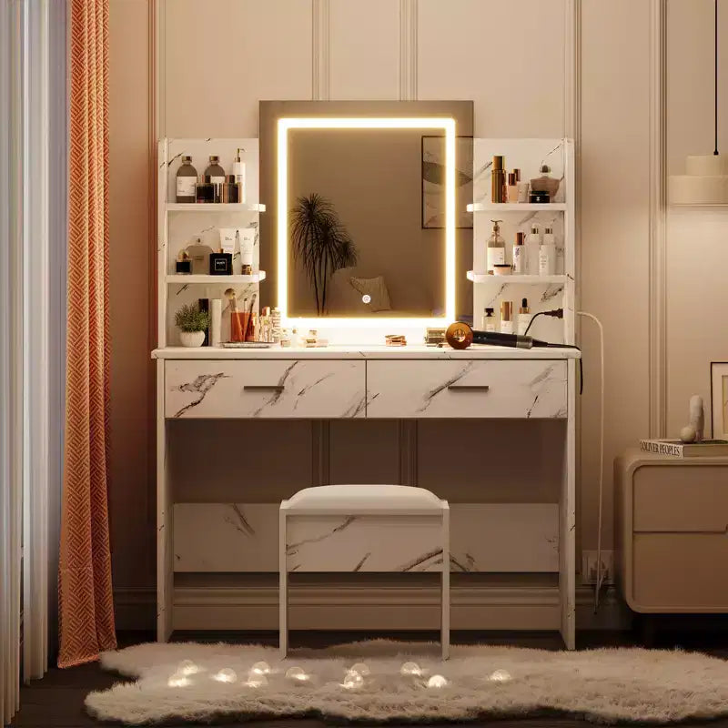 Coiffeuse CuisinSmart, 3 modes d'éclairage, avec tabouret rembourré, 2 tiroirs, étagères ouvertes, coiffeuse moderne pour chambre à coucher