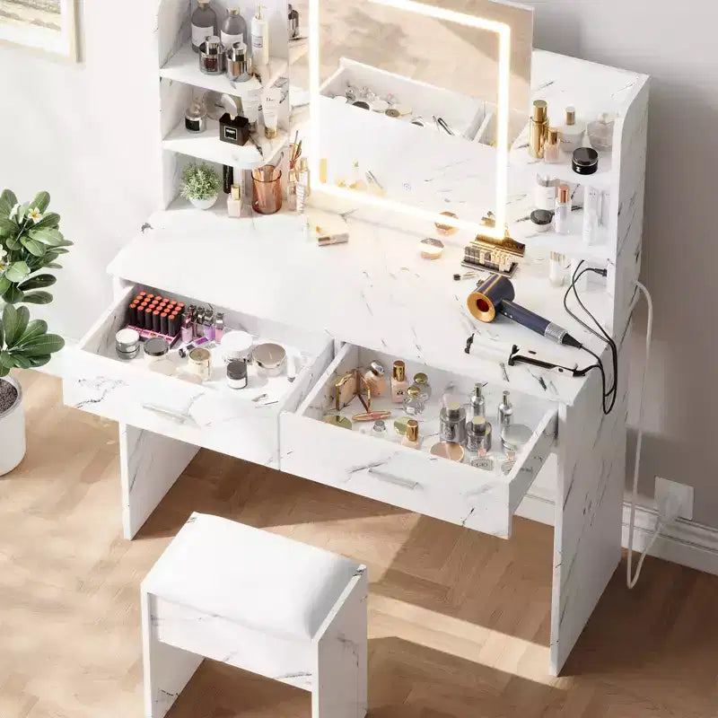 Coiffeuse CuisinSmart, 3 modes d'éclairage, avec tabouret rembourré, 2 tiroirs, étagères ouvertes, coiffeuse moderne pour chambre à coucher
