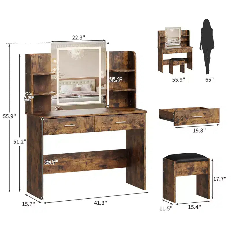 Coiffeuse CuisinSmart, 3 modes d'éclairage, avec tabouret rembourré, 2 tiroirs, étagères ouvertes, coiffeuse moderne pour chambre à coucher