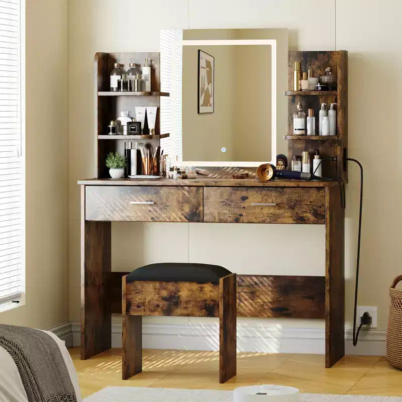Coiffeuse CuisinSmart, 3 modes d'éclairage, avec tabouret rembourré, 2 tiroirs, étagères ouvertes, coiffeuse moderne pour chambre à coucher