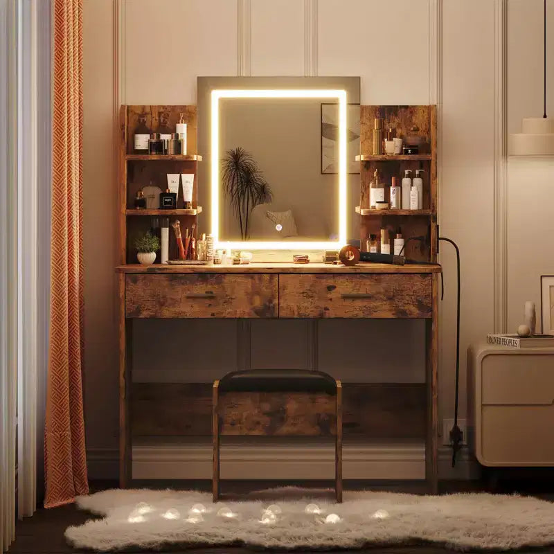 Coiffeuse CuisinSmart, 3 modes d'éclairage, avec tabouret rembourré, 2 tiroirs, étagères ouvertes, coiffeuse moderne pour chambre à coucher
