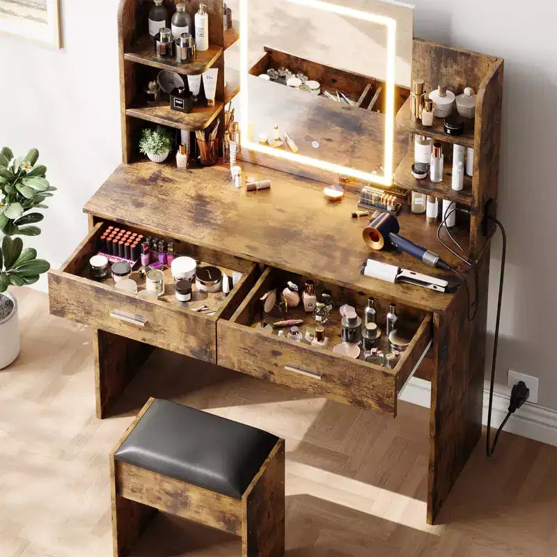 Coiffeuse CuisinSmart, 3 modes d'éclairage, avec tabouret rembourré, 2 tiroirs, étagères ouvertes, coiffeuse moderne pour chambre à coucher