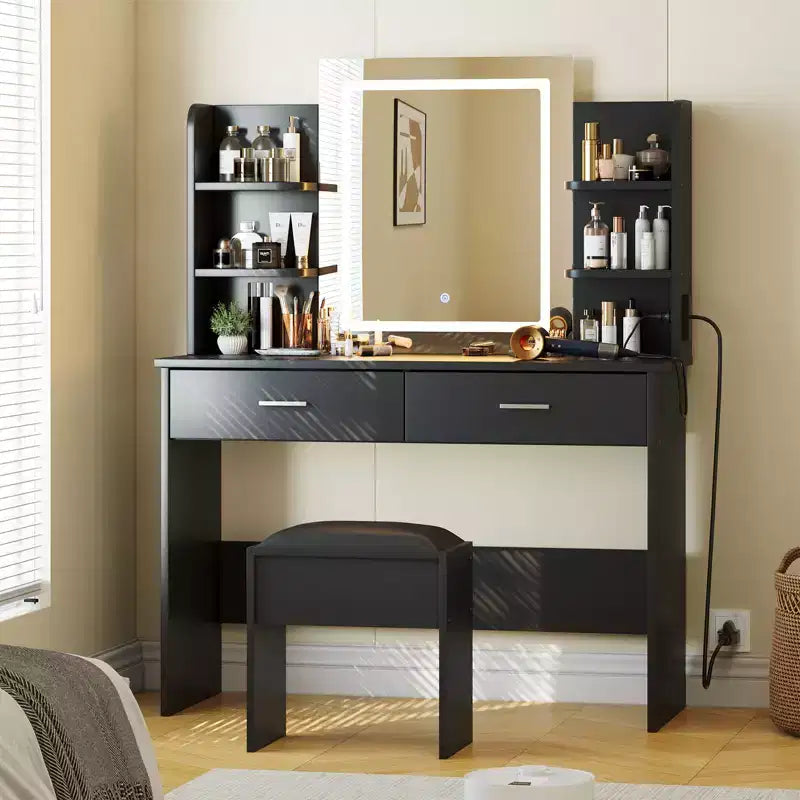 Coiffeuse CuisinSmart, 3 modes d'éclairage, avec tabouret rembourré, 2 tiroirs, étagères ouvertes, coiffeuse moderne pour chambre à coucher