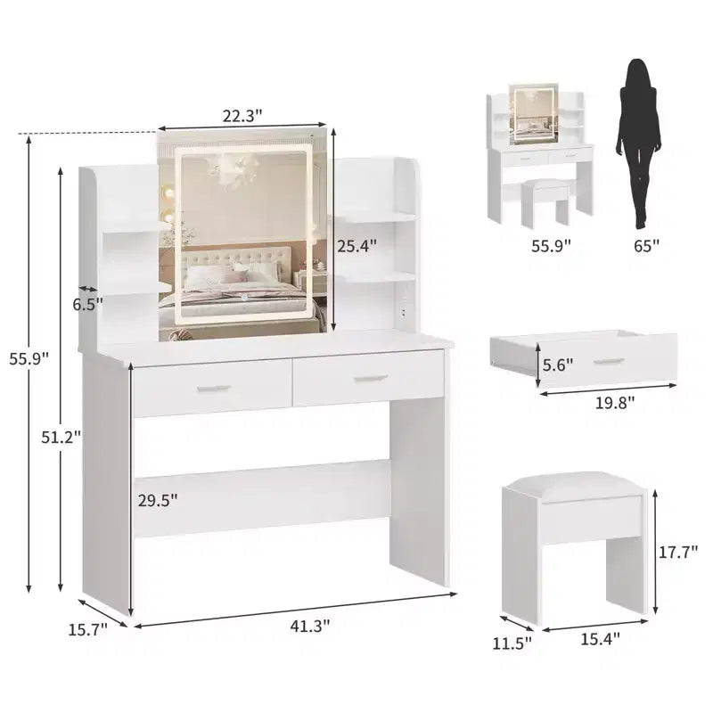 Coiffeuse CuisinSmart, 3 modes d'éclairage, avec tabouret rembourré, 2 tiroirs, étagères ouvertes, coiffeuse moderne pour chambre à coucher