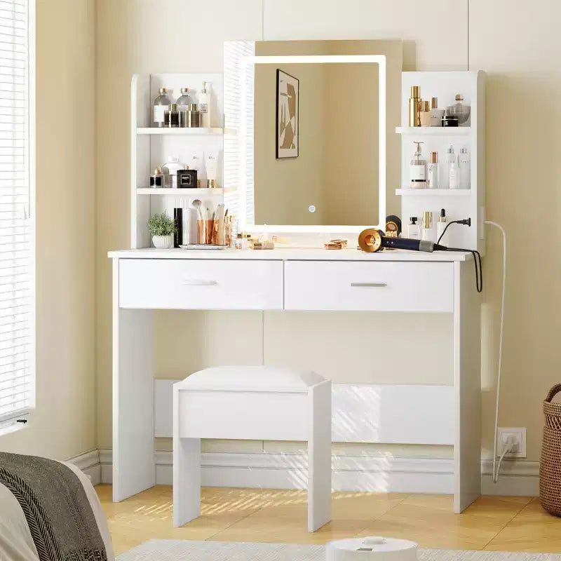 Coiffeuse CuisinSmart, 3 modes d'éclairage, avec tabouret rembourré, 2 tiroirs, étagères ouvertes, coiffeuse moderne pour chambre à coucher