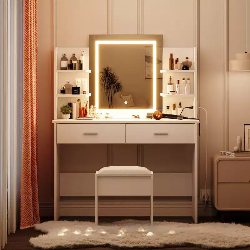 Coiffeuse CuisinSmart, 3 modes d'éclairage, avec tabouret rembourré, 2 tiroirs, étagères ouvertes, coiffeuse moderne pour chambre à coucher