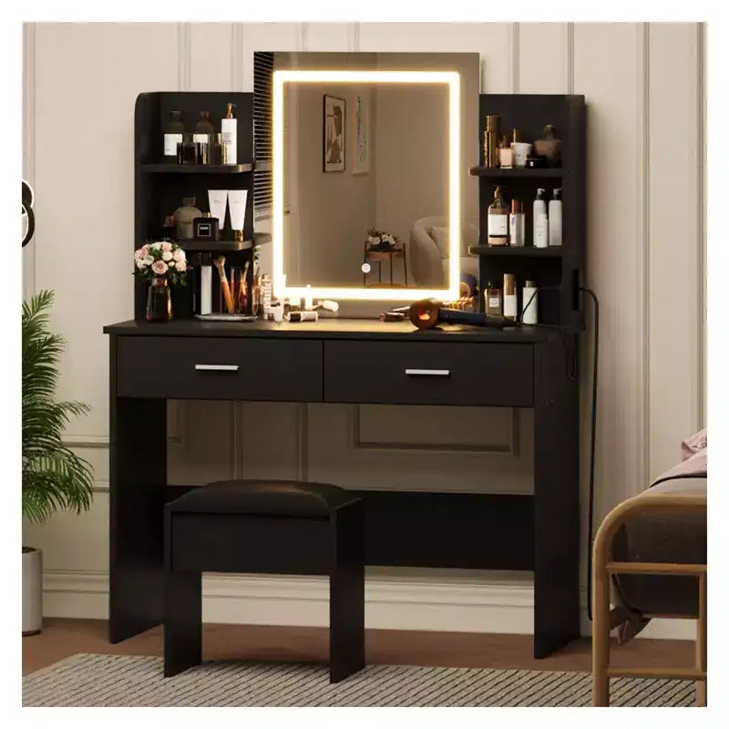 Coiffeuse CuisinSmart, 3 modes d'éclairage, avec tabouret rembourré, 2 tiroirs, étagères ouvertes, coiffeuse moderne pour chambre à coucher