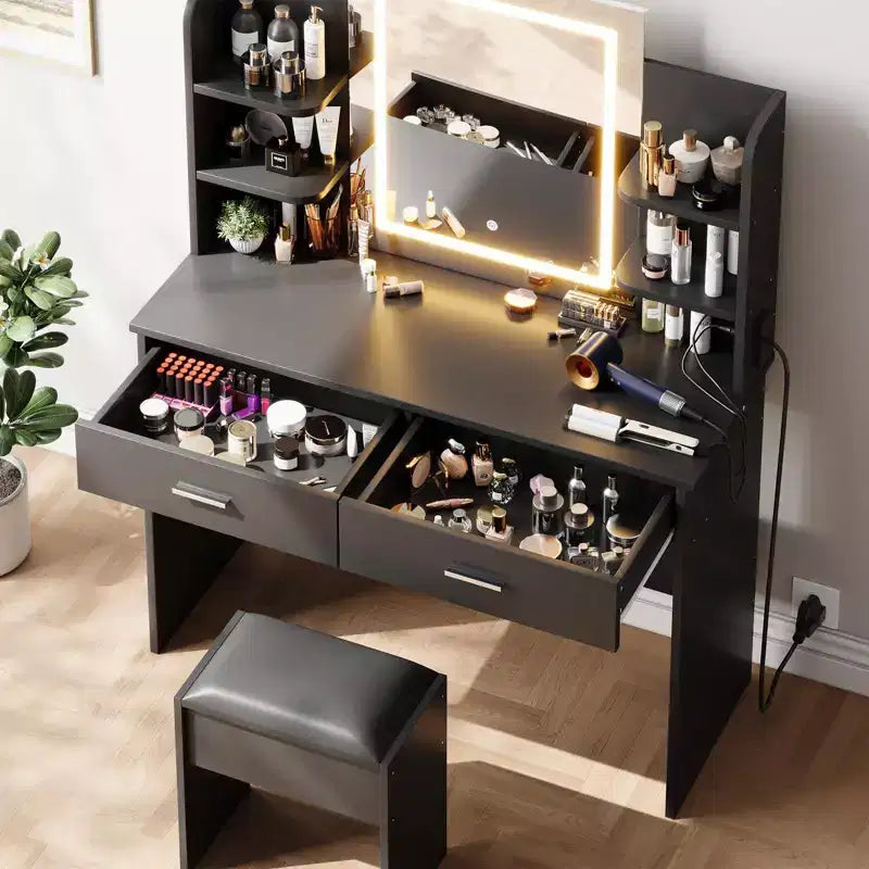 Coiffeuse CuisinSmart, 3 modes d'éclairage, avec tabouret rembourré, 2 tiroirs, étagères ouvertes, coiffeuse moderne pour chambre à coucher