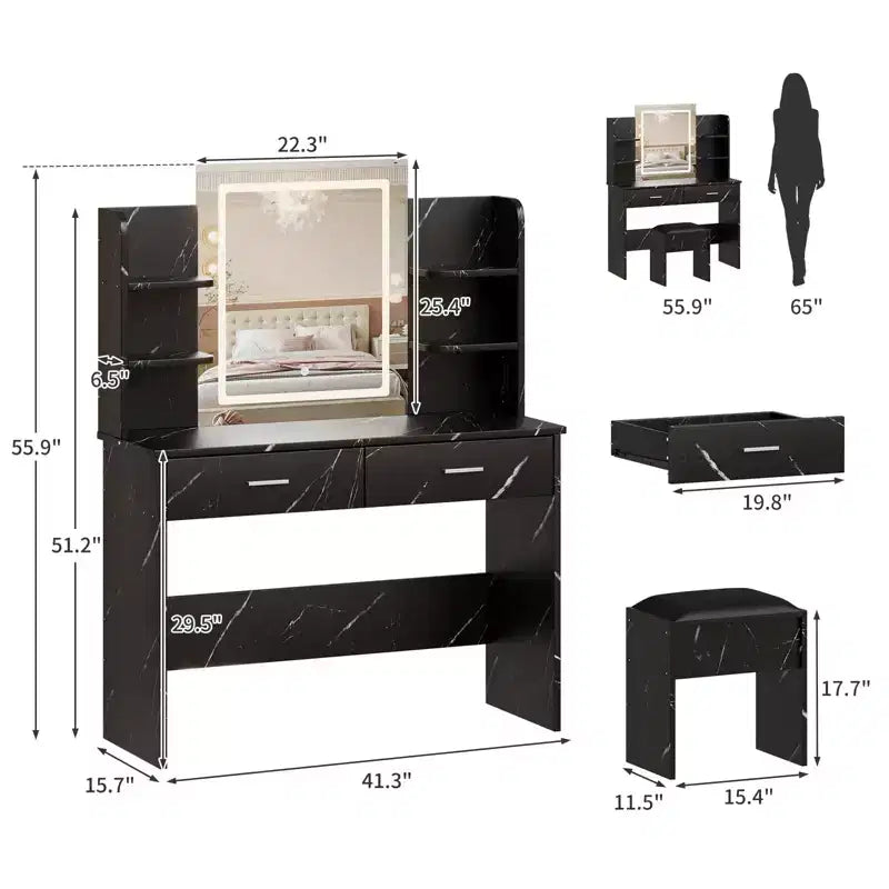 Coiffeuse CuisinSmart, 3 modes d'éclairage, avec tabouret rembourré, 2 tiroirs, étagères ouvertes, coiffeuse moderne pour chambre à coucher