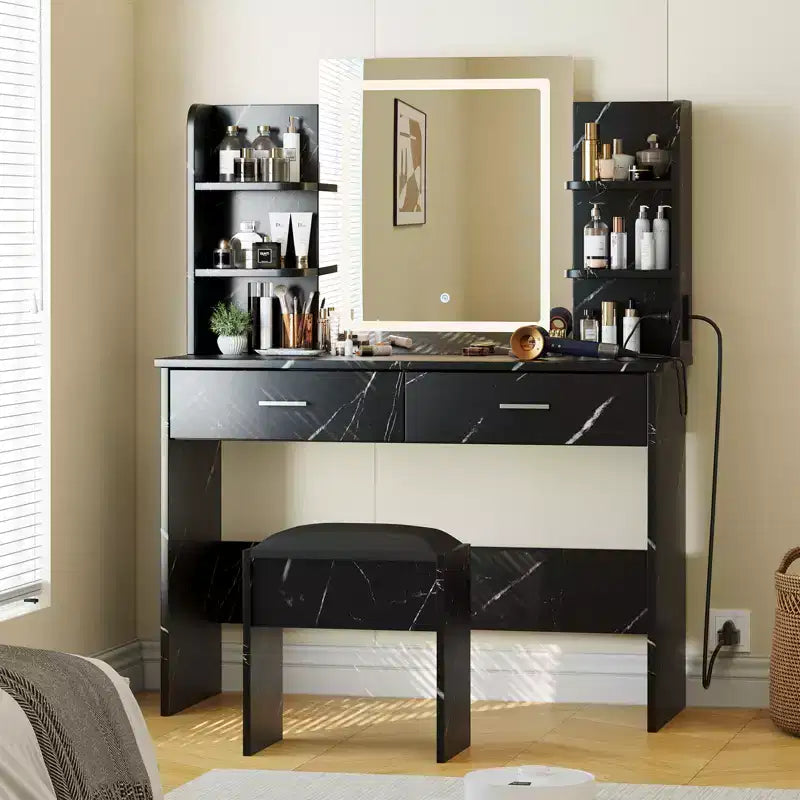 Coiffeuse CuisinSmart, 3 modes d'éclairage, avec tabouret rembourré, 2 tiroirs, étagères ouvertes, coiffeuse moderne pour chambre à coucher