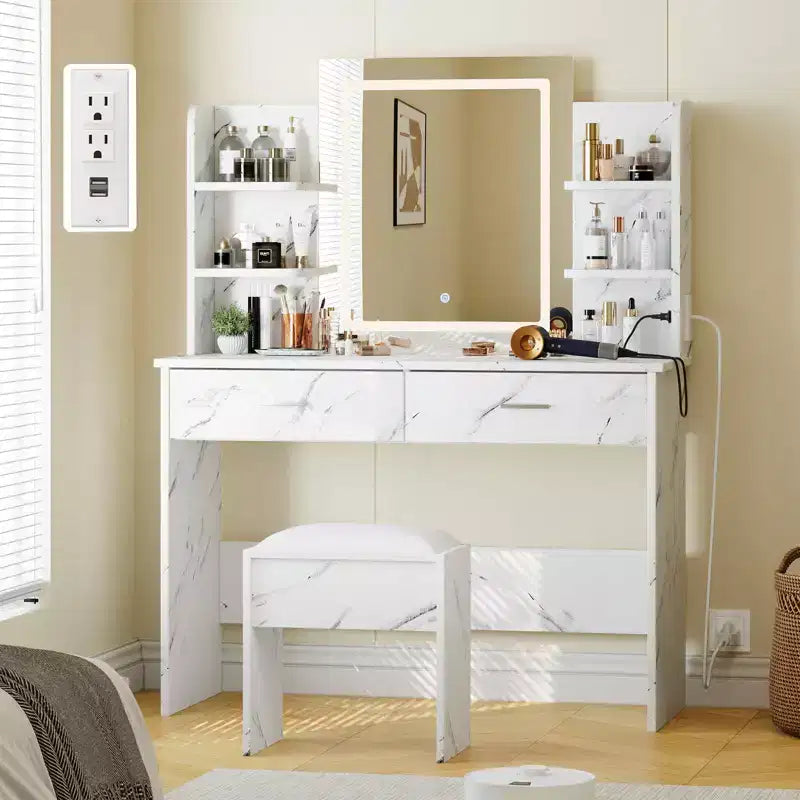 Coiffeuse CuisinSmart, 3 modes d'éclairage, avec tabouret rembourré, 2 tiroirs, étagères ouvertes, coiffeuse moderne pour chambre à coucher