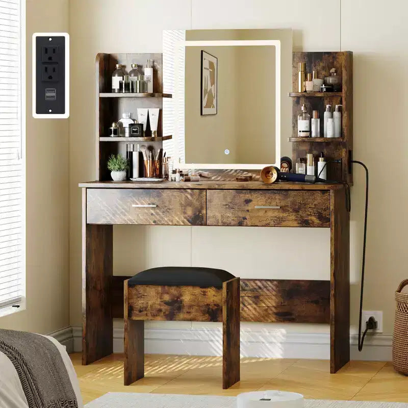 Coiffeuse CuisinSmart, 3 modes d'éclairage, avec tabouret rembourré, 2 tiroirs, étagères ouvertes, coiffeuse moderne pour chambre à coucher