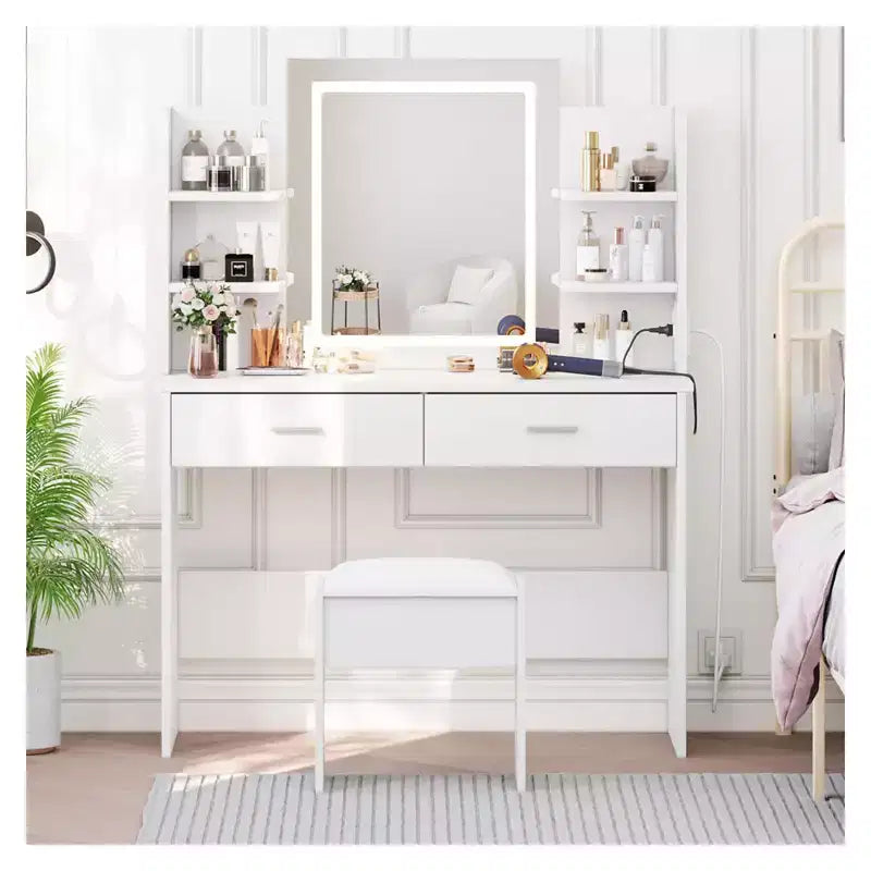 Coiffeuse CuisinSmart, 3 modes d'éclairage, avec tabouret rembourré, 2 tiroirs, étagères ouvertes, coiffeuse moderne pour chambre à coucher