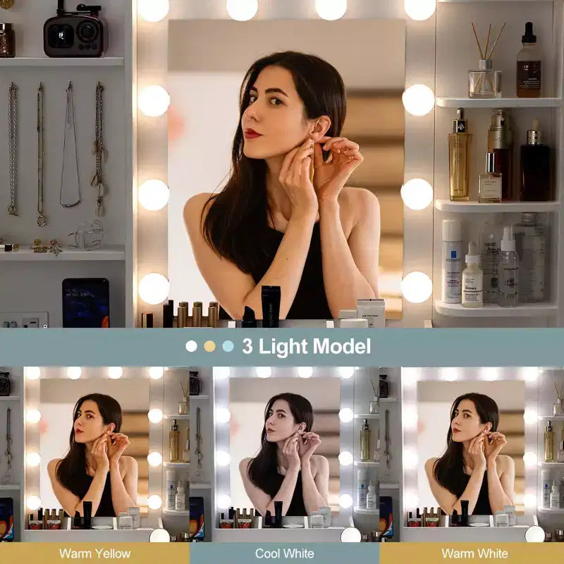 Coiffeuse GustoWave avec miroir, table de maquillage avec chaise et station de recharge, coiffeuse avec tiroirs et étagères de rangement, 3 modes d'éclairage
