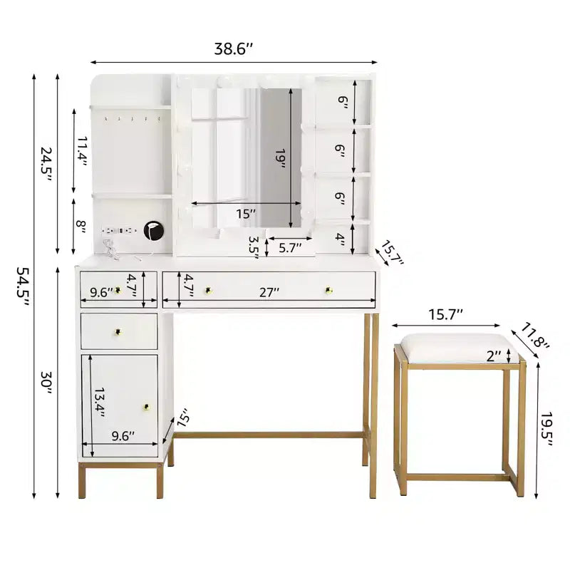 Coiffeuse GustoWave avec miroir, table de maquillage avec chaise et station de recharge, coiffeuse avec tiroirs et étagères de rangement, 3 modes d'éclairage