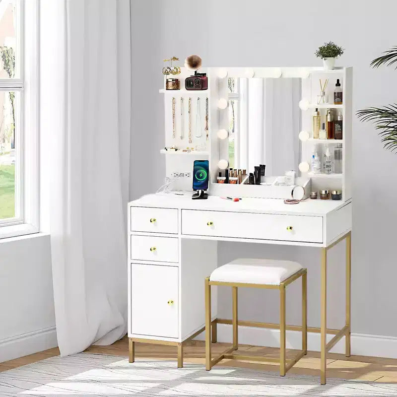 Coiffeuse GustoWave avec miroir, table de maquillage avec chaise et station de recharge, coiffeuse avec tiroirs et étagères de rangement, 3 modes d'éclairage