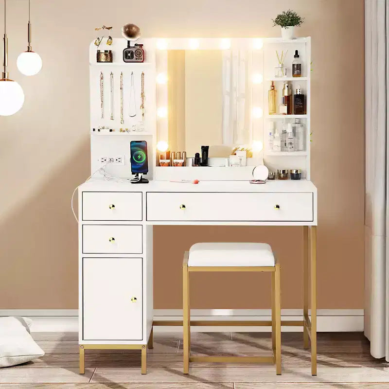 Coiffeuse GustoWave avec miroir, table de maquillage avec chaise et station de recharge, coiffeuse avec tiroirs et étagères de rangement, 3 modes d'éclairage