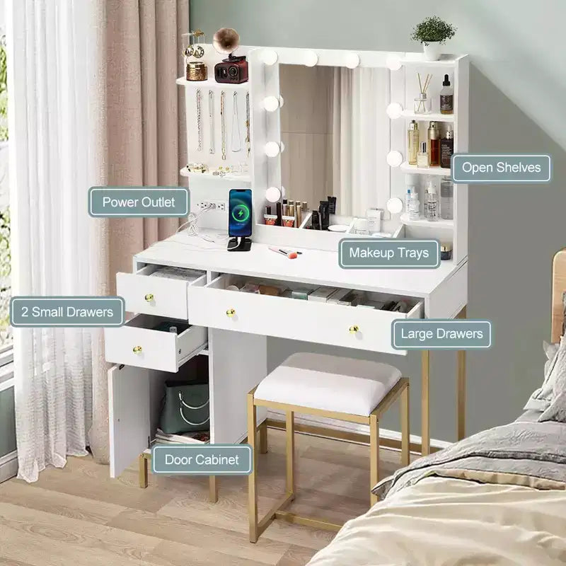 Coiffeuse GustoWave avec miroir, table de maquillage avec chaise et station de recharge, coiffeuse avec tiroirs et étagères de rangement, 3 modes d'éclairage