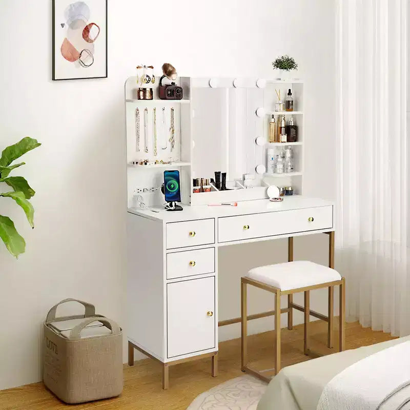 Coiffeuse GustoWave avec miroir, table de maquillage avec chaise et station de recharge, coiffeuse avec tiroirs et étagères de rangement, 3 modes d'éclairage