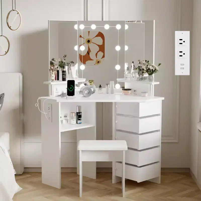 GustoWave Coiffeuse Maquillage avec Lumières & Prise de Courant, Coiffeuse d'Angle avec 5 Tiroirs Rotatifs, Éclairage 3 Couleurs, Table de Maquillage