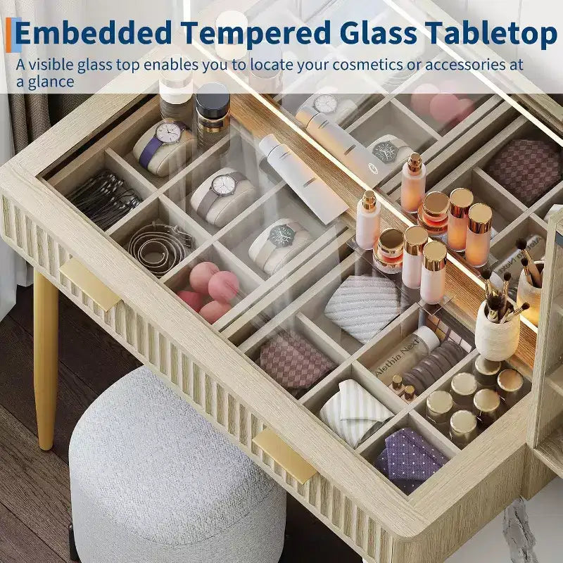 Coiffeuse Acekool avec miroir et lumières, table de maquillage avec LED 3 couleurs, 5 tiroirs, 3 étagères de rangement, prise électrique, pour chambre à coucher, chêne