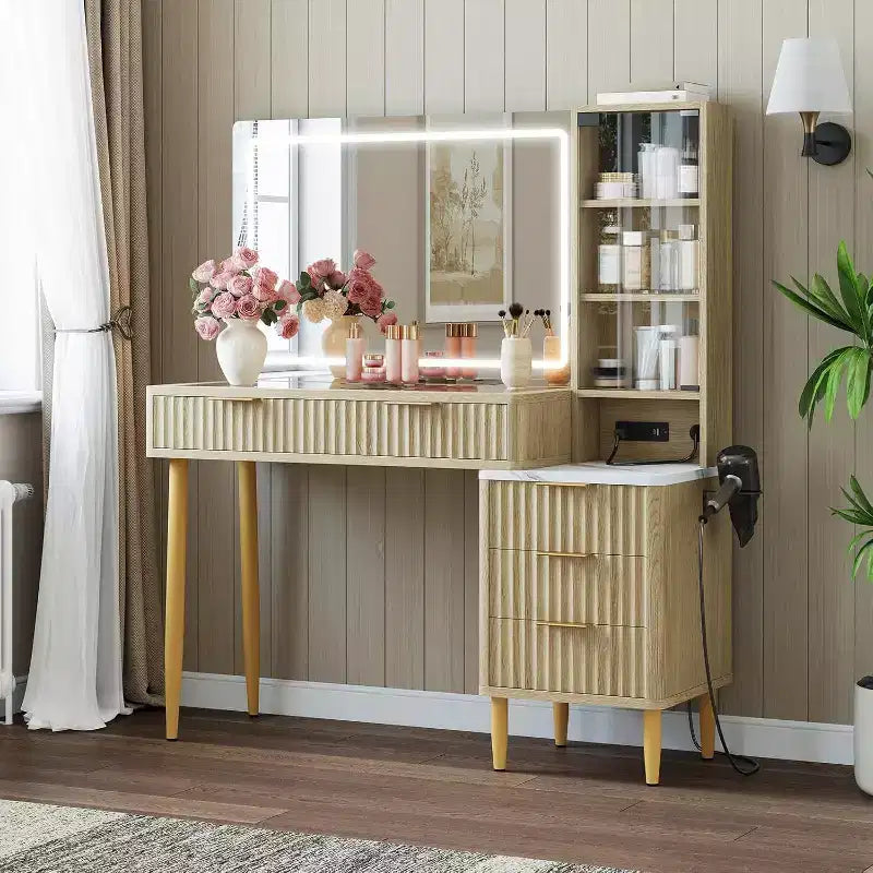 Coiffeuse Acekool avec miroir et lumières, table de maquillage avec LED 3 couleurs, 5 tiroirs, 3 étagères de rangement, prise électrique, pour chambre à coucher, chêne