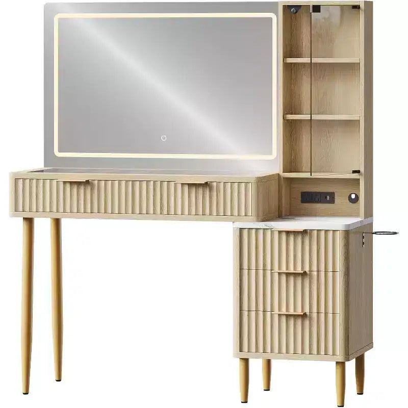 Coiffeuse Acekool avec miroir et lumières, table de maquillage avec LED 3 couleurs, 5 tiroirs, 3 étagères de rangement, prise électrique, pour chambre à coucher, chêne