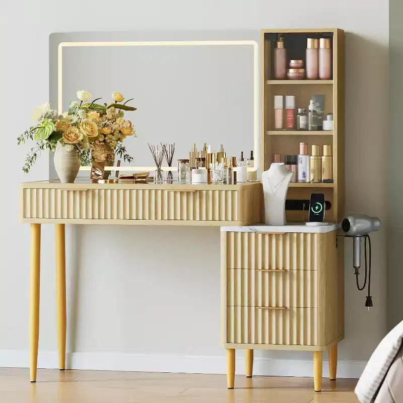Coiffeuse Acekool avec miroir et lumières, table de maquillage avec LED 3 couleurs, 5 tiroirs, 3 étagères de rangement, prise électrique, pour chambre à coucher, chêne