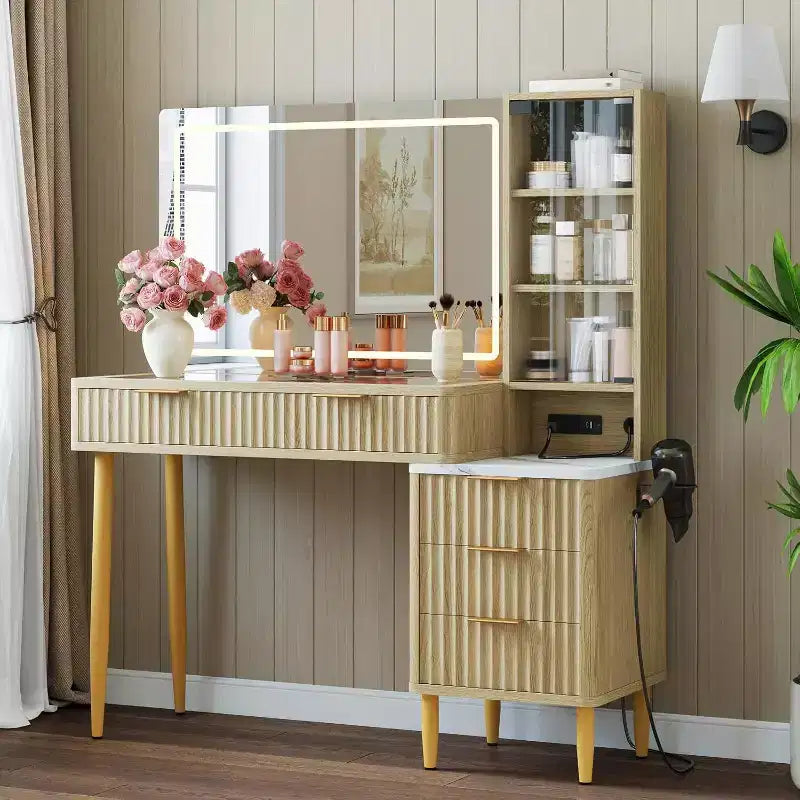 Coiffeuse Acekool avec miroir et lumières, table de maquillage avec LED 3 couleurs, 5 tiroirs, 3 étagères de rangement, prise électrique, pour chambre à coucher, chêne