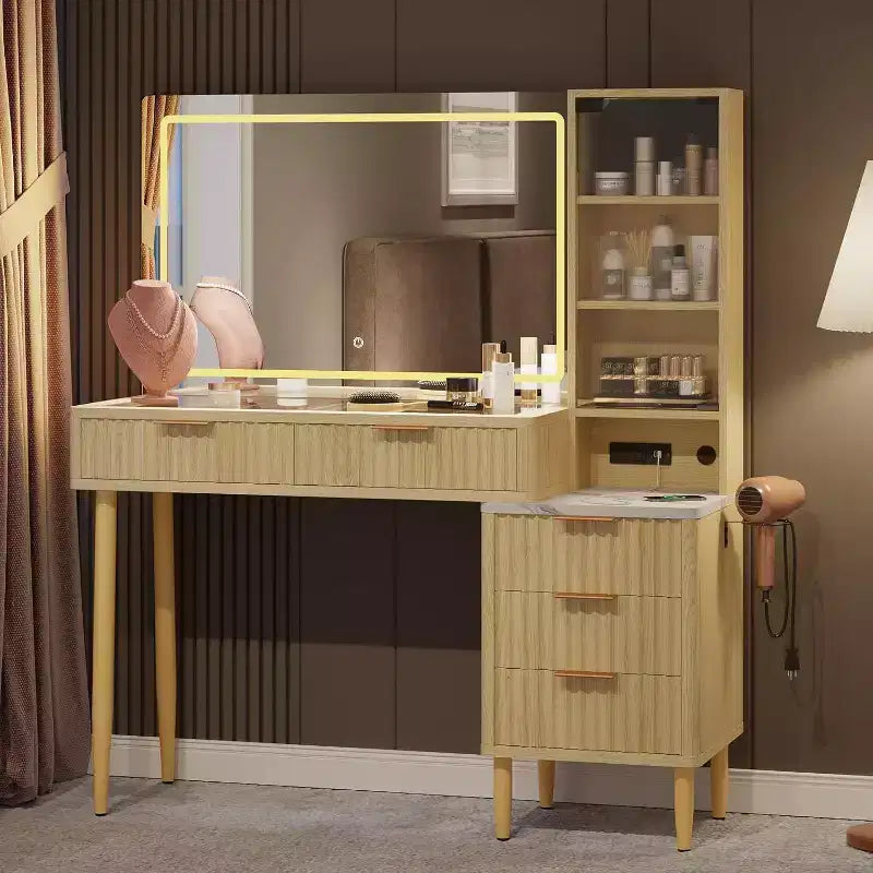 Coiffeuse Acekool avec miroir et lumières, table de maquillage avec LED 3 couleurs, 5 tiroirs, 3 étagères de rangement, prise électrique, pour chambre à coucher, chêne