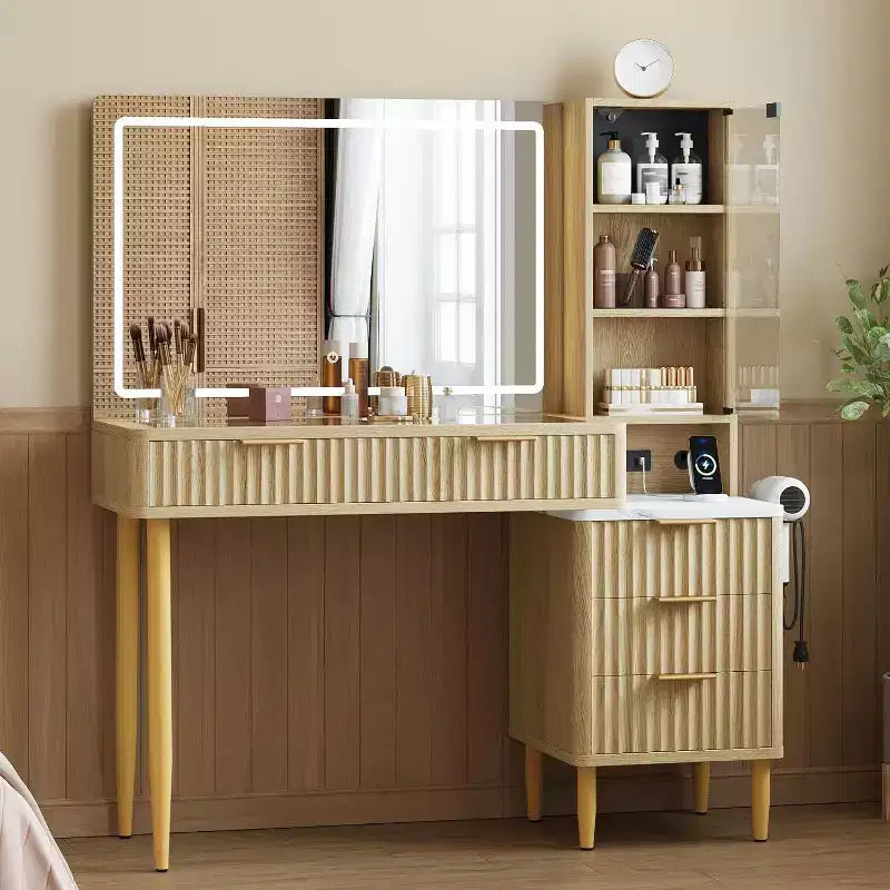 Coiffeuse Acekool avec miroir et lumières, table de maquillage avec LED 3 couleurs, 5 tiroirs, 3 étagères de rangement, prise électrique, pour chambre à coucher, chêne