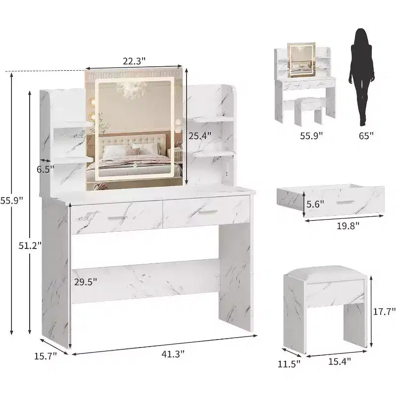 Acekool Coiffeuse avec miroir lumineux, tabouret, prise de courant, 6 étagères, 2 grands tiroirs, LED réglable 3 couleurs, Coiffeuse de maquillage pour chambre à coucher, Blanc