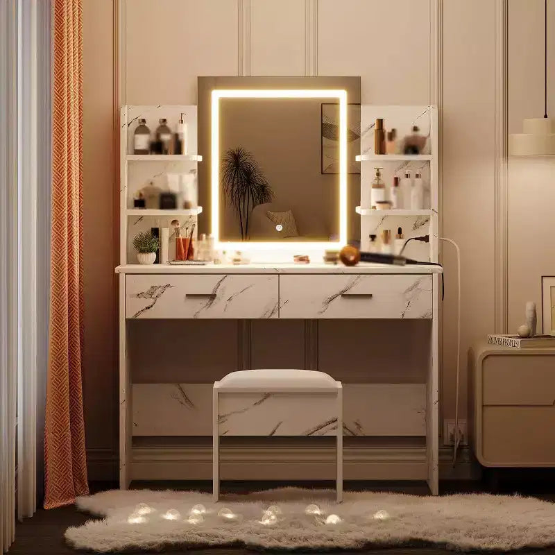 Acekool Coiffeuse avec miroir lumineux, tabouret, prise de courant, 6 étagères, 2 grands tiroirs, LED réglable 3 couleurs, Coiffeuse de maquillage pour chambre à coucher, Blanc