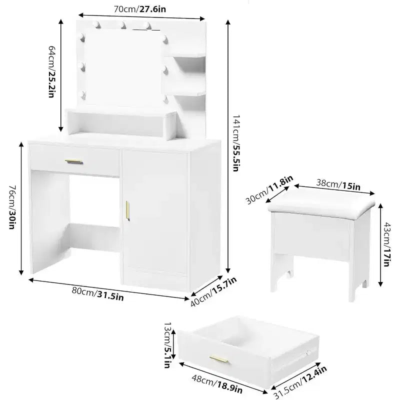 Coiffeuse avec miroir, Coiffeuse de maquillage avec grands tiroirs, Table de toilette avec rangement sur trois niveaux et étagères ouvertes pour chambre à coucher, Blanc