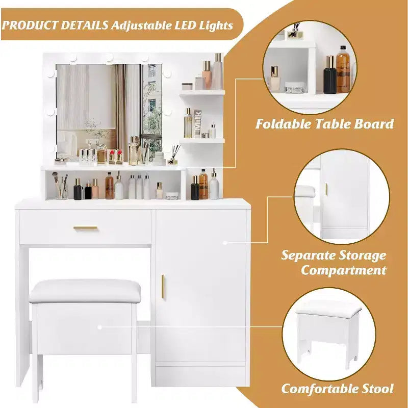 Coiffeuse avec miroir, Coiffeuse de maquillage avec grands tiroirs, Table de toilette avec rangement sur trois niveaux et étagères ouvertes pour chambre à coucher, Blanc