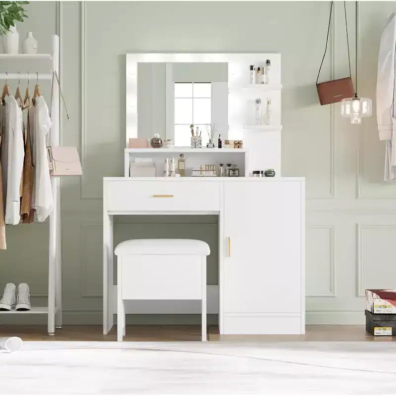 Coiffeuse avec miroir, Coiffeuse de maquillage avec grands tiroirs, Table de toilette avec rangement sur trois niveaux et étagères ouvertes pour chambre à coucher, Blanc