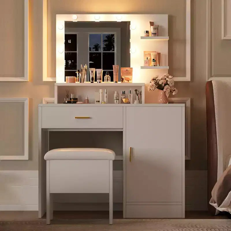 Coiffeuse avec miroir, Coiffeuse de maquillage avec grands tiroirs, Table de toilette avec rangement sur trois niveaux et étagères ouvertes pour chambre à coucher, Blanc