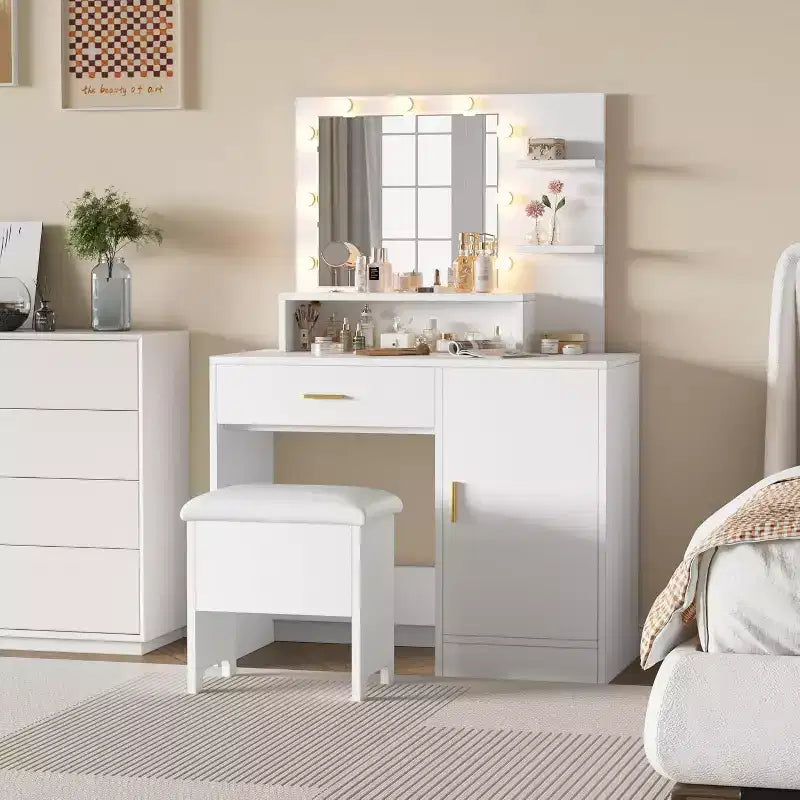 Coiffeuse avec miroir, Coiffeuse de maquillage avec grands tiroirs, Table de toilette avec rangement sur trois niveaux et étagères ouvertes pour chambre à coucher, Blanc