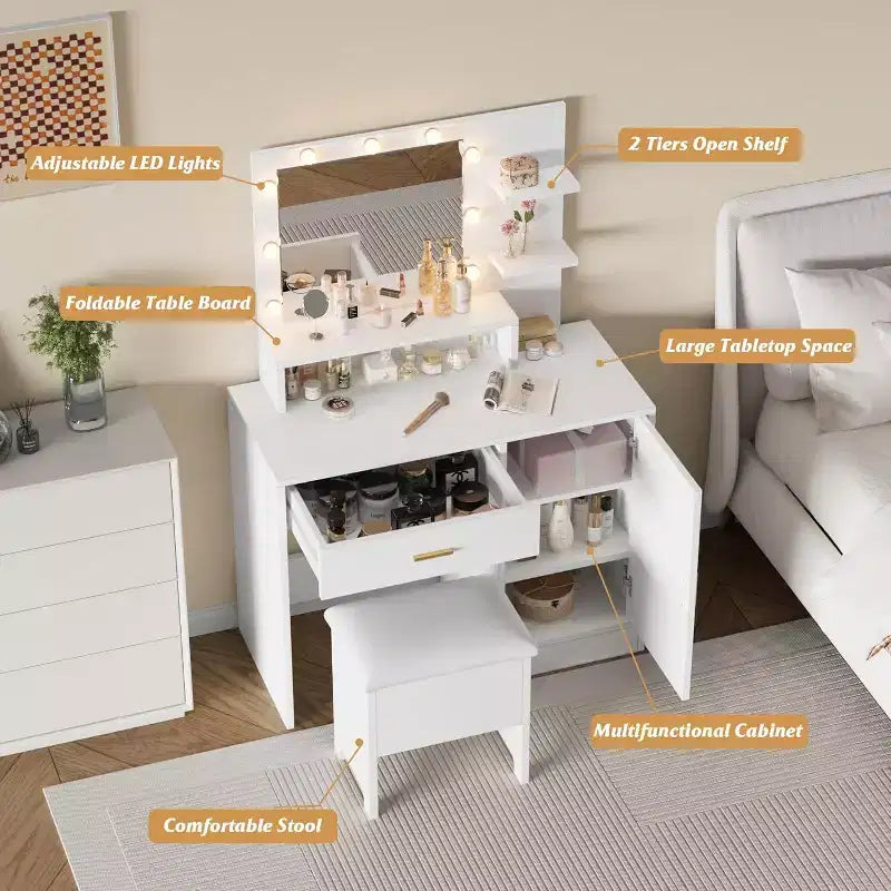 Coiffeuse avec miroir, Coiffeuse de maquillage avec grands tiroirs, Table de toilette avec rangement sur trois niveaux et étagères ouvertes pour chambre à coucher, Blanc