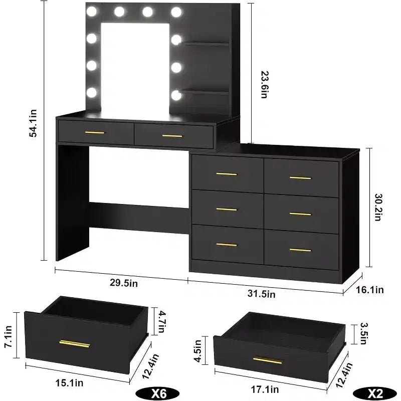 61 Coiffeuse avec miroir et lumières, meuble-lavabo avec 8 tiroirs de rangement larges et 3 modes d'éclairage avec luminosité réglable pour chambre à coucher