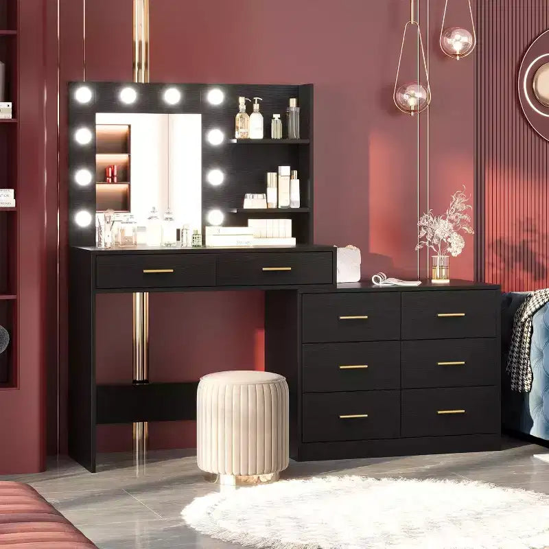 61 Coiffeuse avec miroir et lumières, meuble-lavabo avec 8 tiroirs de rangement larges et 3 modes d'éclairage avec luminosité réglable pour chambre à coucher