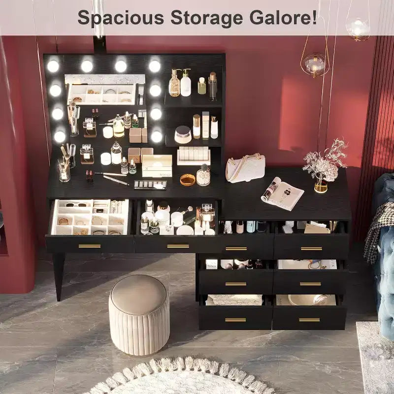 61 Coiffeuse avec miroir et lumières, meuble-lavabo avec 8 tiroirs de rangement larges et 3 modes d'éclairage avec luminosité réglable pour chambre à coucher