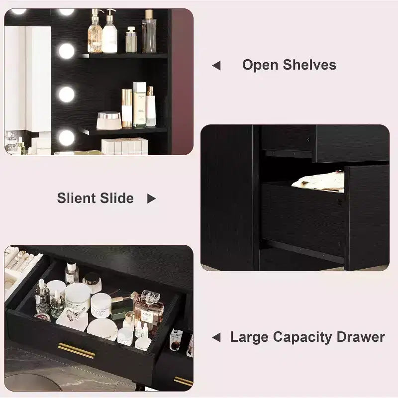 61 Coiffeuse avec miroir et lumières, meuble-lavabo avec 8 tiroirs de rangement larges et 3 modes d'éclairage avec luminosité réglable pour chambre à coucher