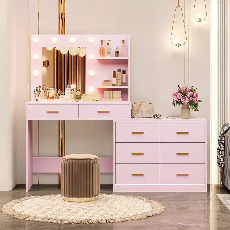 61 Coiffeuse avec miroir et lumières, meuble-lavabo avec 8 tiroirs de rangement larges et 3 modes d'éclairage avec luminosité réglable pour chambre à coucher