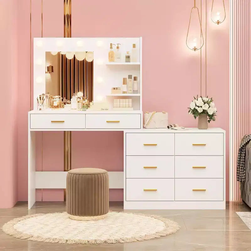 61 Coiffeuse avec miroir et lumières, meuble-lavabo avec 8 tiroirs de rangement larges et 3 modes d'éclairage avec luminosité réglable pour chambre à coucher