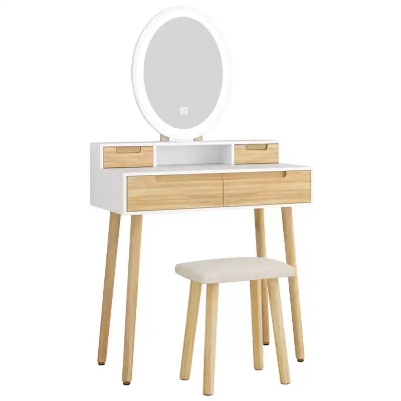 Coiffeuse ELECWISH 23,6" en bois avec miroir LED et tabouret - Éclairage 3 modes, station de charge USB, support pour sèche-cheveux, étagères de rangement