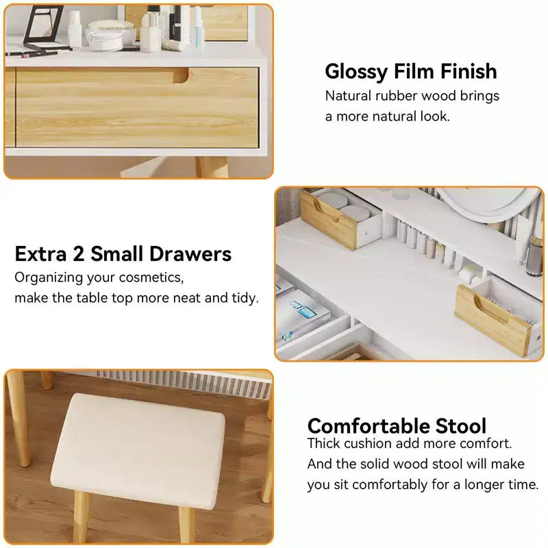 Coiffeuse ELECWISH 23,6" en bois avec miroir LED et tabouret - Éclairage 3 modes, station de charge USB, support pour sèche-cheveux, étagères de rangement
