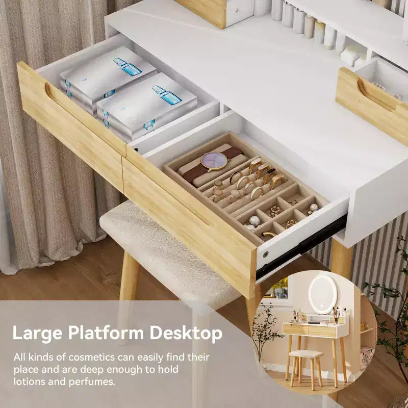 Coiffeuse ELECWISH 23,6" en bois avec miroir LED et tabouret - Éclairage 3 modes, station de charge USB, support pour sèche-cheveux, étagères de rangement