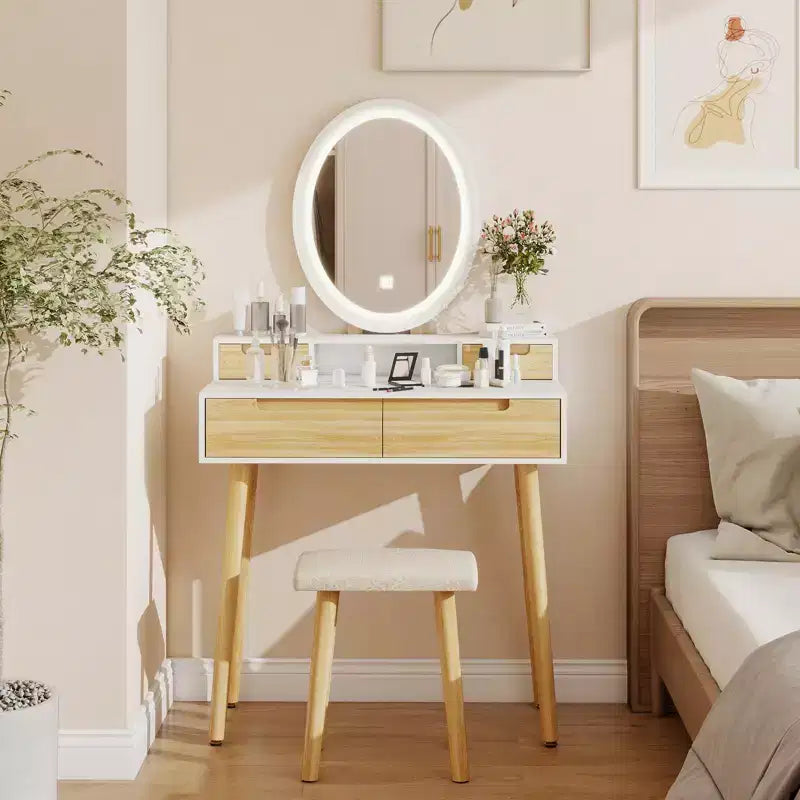 Coiffeuse ELECWISH 23,6" en bois avec miroir LED et tabouret - Éclairage 3 modes, station de charge USB, support pour sèche-cheveux, étagères de rangement